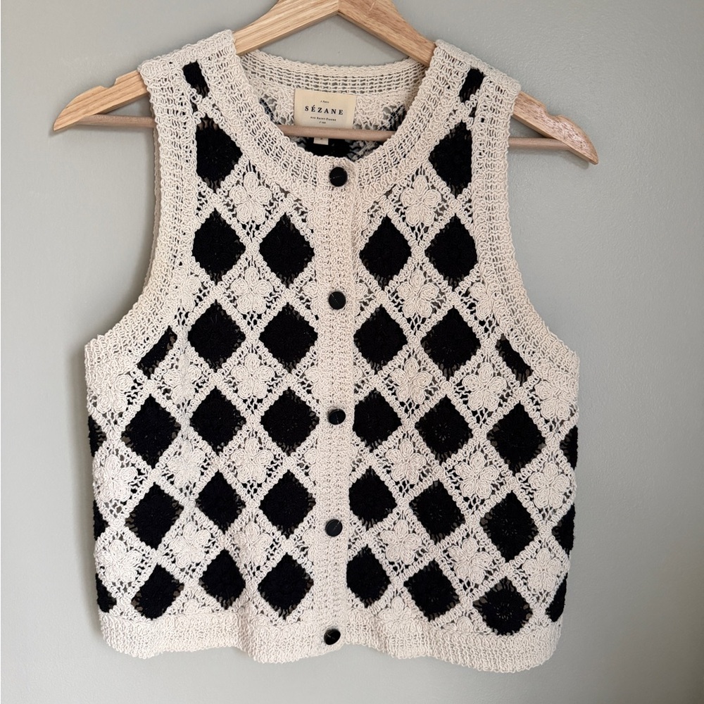 Sézane Black and Cream Diamond Knit Tank Top